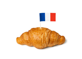 Single French Butter Croissant with Flag Isolated on White