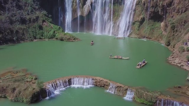 Aerial view drone flight above Jiulong waterfall in Luoping, Yunnan, China