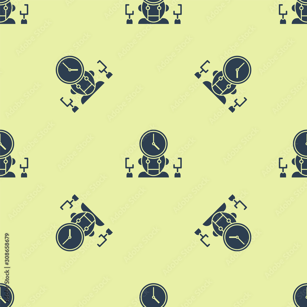Poster blue robot and digital time manager icon isolated seamless pattern on yellow background. time manage