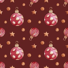 Seamless pattern with watercolor Christmas tree toys. Christmas theme and Christmas theme. For packaging, postcards, cloth, tableware, etc.