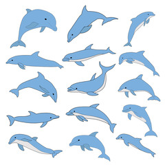 vector, isolated, marine dolphin, blue, jumping, set