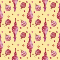 Seamless pattern with watercolor Christmas tree toys. Christmas theme and Christmas theme. For packaging, postcards, cloth, tableware, etc.