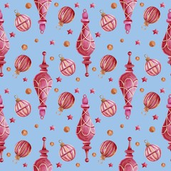 Seamless pattern with watercolor Christmas tree toys. Christmas theme and Christmas theme. For packaging, postcards, cloth, tableware, etc.