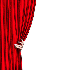 Hand opening red folded curtain, white background