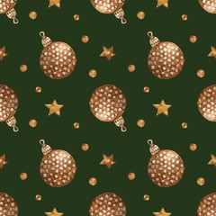 Seamless pattern with watercolor Christmas tree toys. Christmas theme and Christmas theme. For packaging, postcards, cloth, tableware, etc.