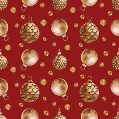 Seamless pattern with watercolor Christmas tree toys. Christmas theme and Christmas theme. For packaging, postcards, cloth, tableware, etc.