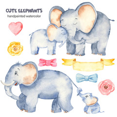 Watercolor cute elephants with baby elephants © MarinaErmakova