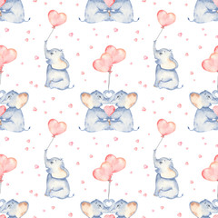 Watercolor seamless pattern with cute elephants and hearts
