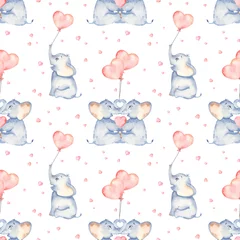 Wallpaper murals Elephant Watercolor seamless pattern with cute elephants and hearts