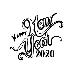 Vector illustration. Hand draw  brush lettering composition of Happy New Year 2020 on white background.
