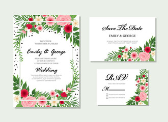 Obraz na płótnie Canvas Elegant Wedding invitation, invite, rsvp, save the date card design with flower, wax flowers eucalyptus branches leaves, frame and template set vector.