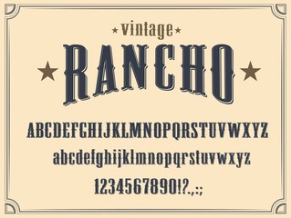 Wild West Western alphabet font vector design. Vintage type and typeface of capital and lowercase letters, numbers and punctuation marks, cowboy ranch, old American and Texas saloon themes - obrazy, fototapety, plakaty