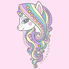 Cute unicorn with a long mane and stars on a pink background. Vector