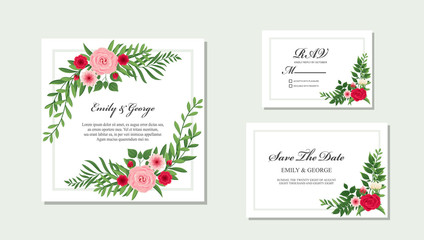 Elegant Wedding invitation, invite, rsvp, save the date card design with flower, wax flowers eucalyptus branches leaves, frame and template set vector.