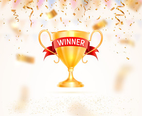 Golden cup trophy with red ribbon and winner text vector illustration. Sports high award on light background with falling down confetti