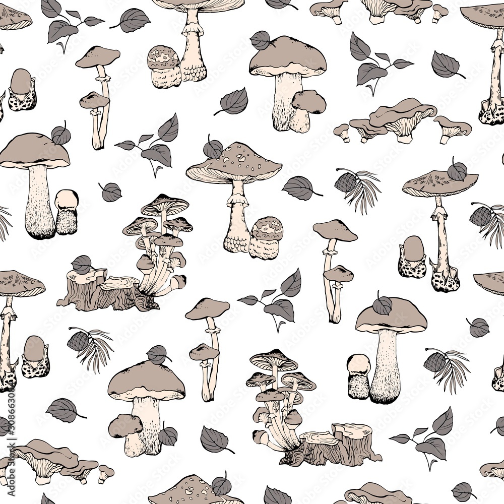 Poster seamless vector pattern with poisonous and edible mushrooms