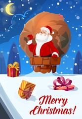 Merry Christmas vector poster, Santa with gifts bag in chimney on house roof top. Christmas wish and greetings, moon in night sky and snowflakes falling in forest