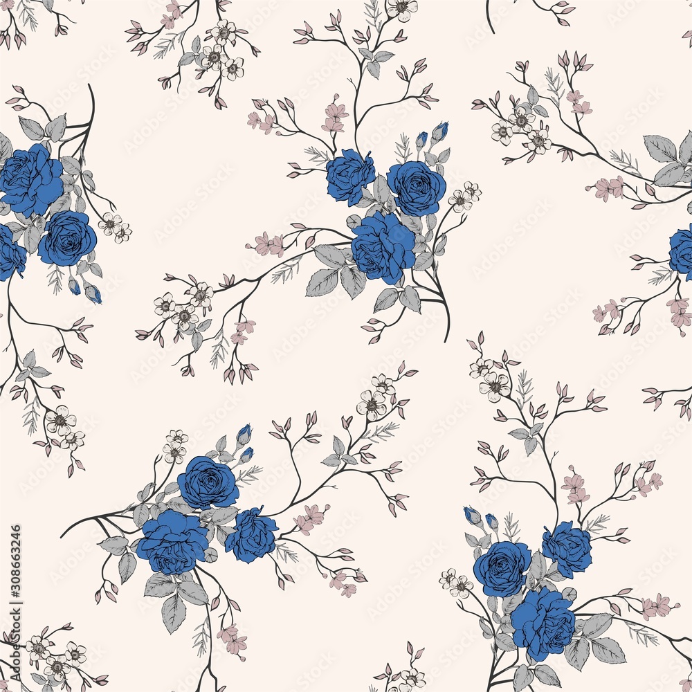 Poster seamless vector pattern with a bouquet of roses in the rococo style