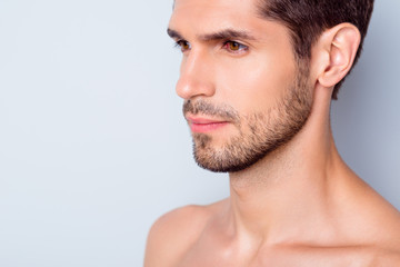 Close-up cropped view portrait of his he nice attractive confident well-groomed bearded guy spa salon facial therapy treatment isolated over light white gray color pastel background