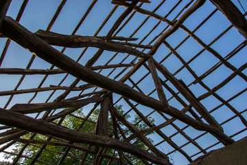 Wooden roof of a building, frame of a residential house, rural scene 