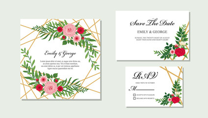 Elegant Wedding invitation, invite, rsvp, save the date card design with flower, wax flowers eucalyptus branches leaves, frame and template set vector.