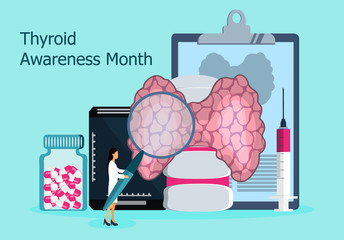 Thyroid Awareness Month is celebrated in January in USA. Hypothyroidism concept vector. Endocrinologists diagnose and treat human thyroid gland.