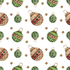 Seamless pattern with watercolor Christmas tree toys. Christmas theme and Christmas theme. For packaging, postcards, cloth, tableware, etc.