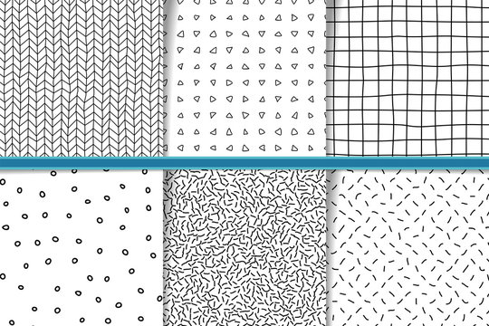 Abstract hand drawn monocolor seamless patterns set