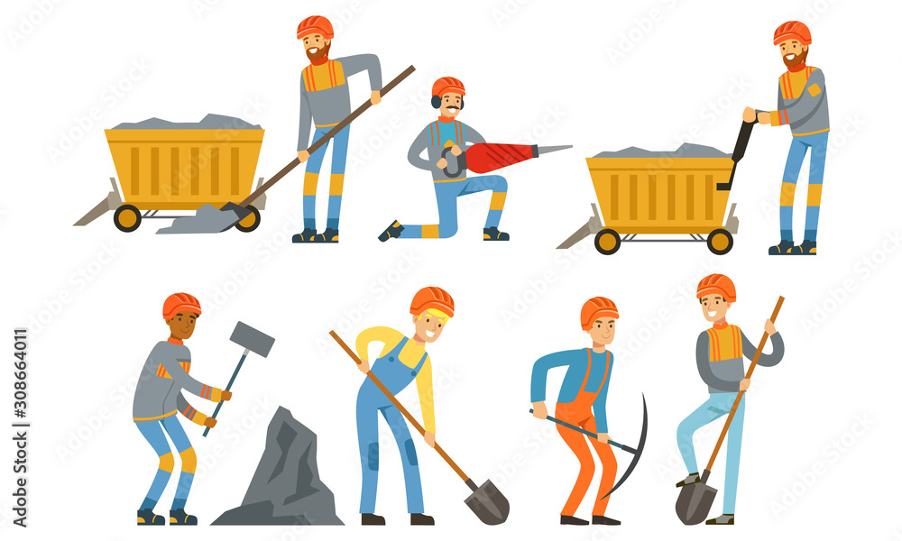 Poster miner workers standing in different poses vector set
