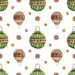Seamless pattern with watercolor Christmas tree toys. Christmas theme and Christmas theme. For packaging, postcards, cloth, tableware, etc.