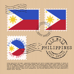 Postage stamps isolated on brown paper background with national flag  : Vector Illustration