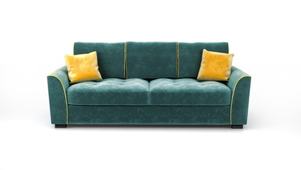 Green velvet sofa with yellow cushions isolated on white background. 3 d object. 3 d illustration.