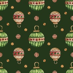 Seamless pattern with watercolor Christmas tree toys. Christmas theme and Christmas theme. For packaging, postcards, cloth, tableware, etc.