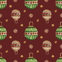 Seamless pattern with watercolor Christmas tree toys. Christmas theme and Christmas theme. For packaging, postcards, cloth, tableware, etc.