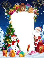 Santa and snowman with blank sign vector greeting card. Christmas tree, Xmas gifts and snow, star, balls and gingerbread, snowflakes, sock and present boxes, ribbon bows, candy canes and fireworks