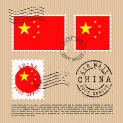 Postage stamps isolated on brown paper background with national flag  : Vector Illustration