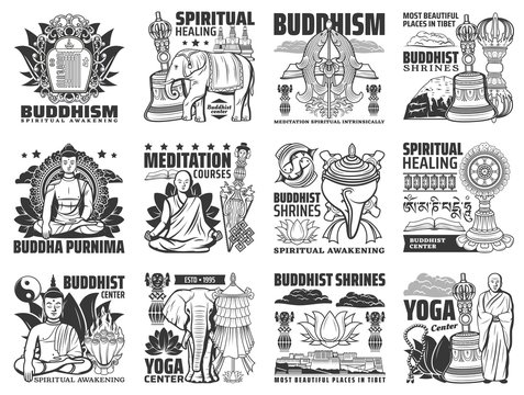 Buddhism vector icons, yoga center and meditation courses signs. Buddha stupa shrines, religious symbols of mudra hand, lotus and monk beads, Tibet Buddhism temples ans spiritual healing