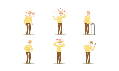Senior Man Health Problems and Diseases Vector Illustrations Set