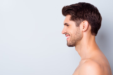 Close-up profile side view portrait of his he nice attractive content cheerful brunette guy perfect...