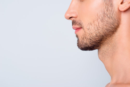 Close-up cropped profile side view portrait of his he nice attractive content guy unshaven mustache chin copy space facial cream isolated on light white grey color pastel background