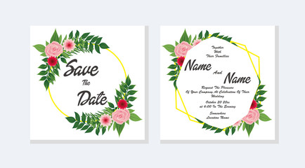 Elegant Wedding invitation, invite, rsvp, save the date card design with flower, wax flowers eucalyptus branches leaves, frame and template set vector.