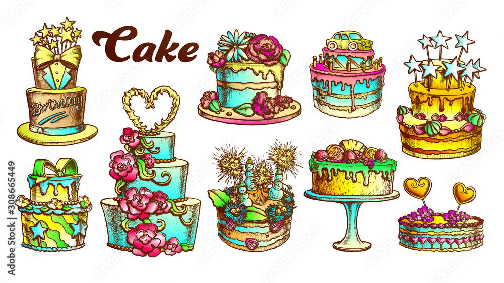 Poster cake pie delicious collection retro set vector. birthday anniversary, valentine and wedding day cake