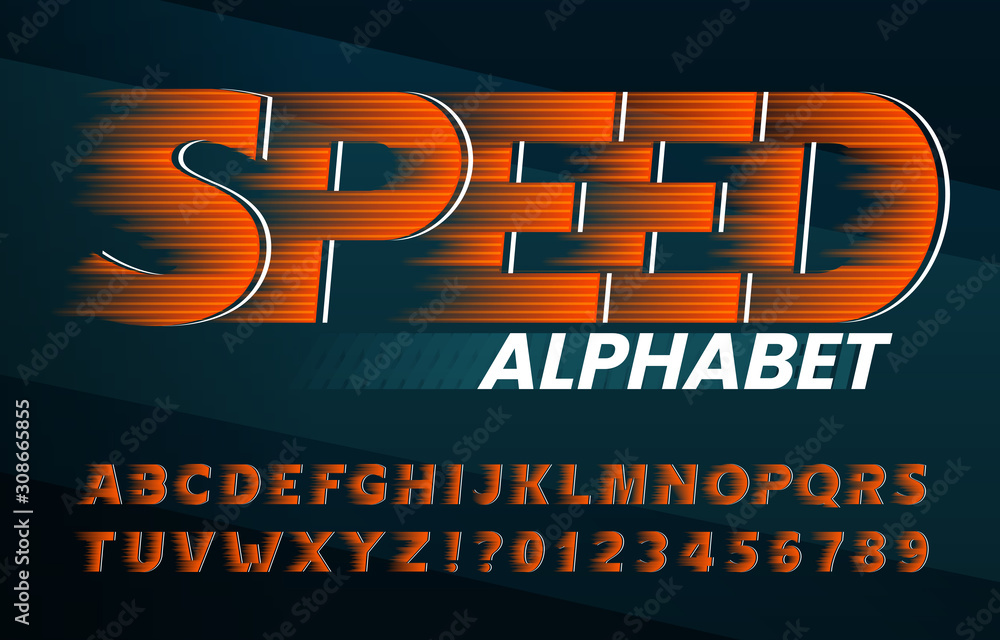 Fototapete speed alphabet font. high speed effect letters and numbers. stock vector typescript for your typogra