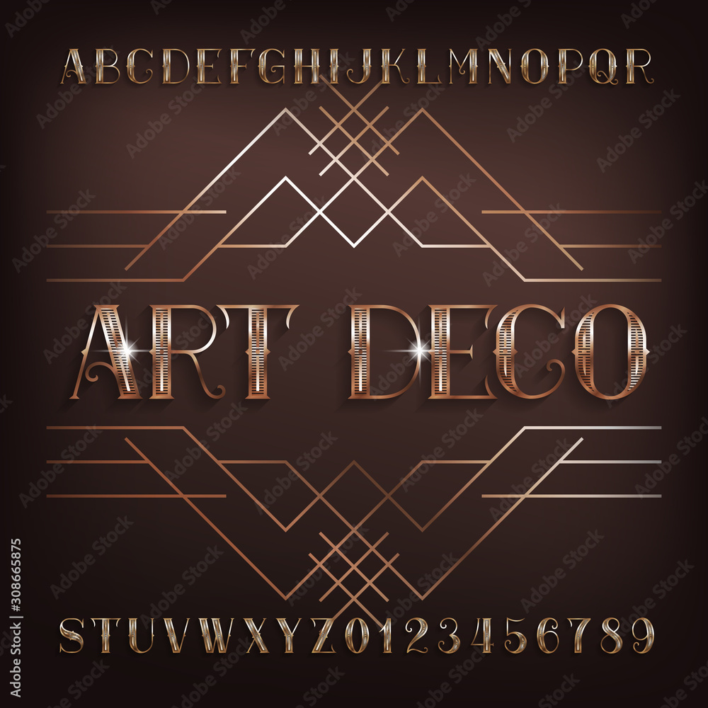 Fototapete art deco alphabet font. golden letters and numbers with shadow. stock vector typescript for your des