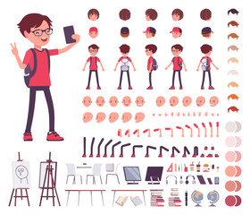 School boy in a casual wear construction set. Cute small guy, active young kid, smart elementary pupil, 7, 9 year old creation elements to build own design. Cartoon flat style infographic illustration