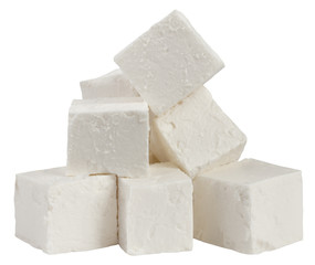 Feta, Greek cheese cubes, isolated on white background, clipping path, full depth of field