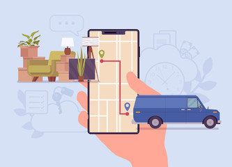 Order tracking system on smartphone screen. Van journey shipping tracker to a customer or warehouse, goods pick up, delivery and fulfillment process app service. Vector flat style cartoon illustration