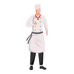 Ship chef flat vector illustration. Cruise service. Cooking. Shipboard staff in chef's tunic and cap isolated cartoon character on white background