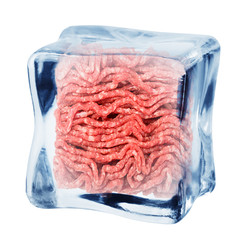 minced meat in ice cube, isolated on white background, clipping path, full depth of field