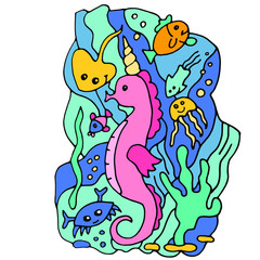 Colored Vector illustration. Marine life. Underwater world with seahorse, crab, fish, Stingray, seaweed, squid. Doodle style. Cute cartoon animals. Isolated on white background. 